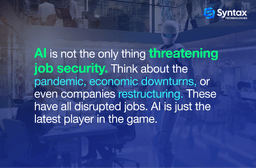 A futuristic office environment with a humanoid robot and text highlighting AI's role alongside other factors like economic downturns in affecting job security.